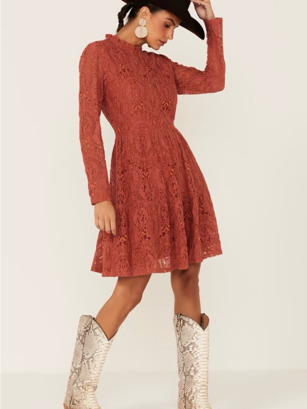 Molly Bracken Lace Long-Sleeve Mini Dress in Rust